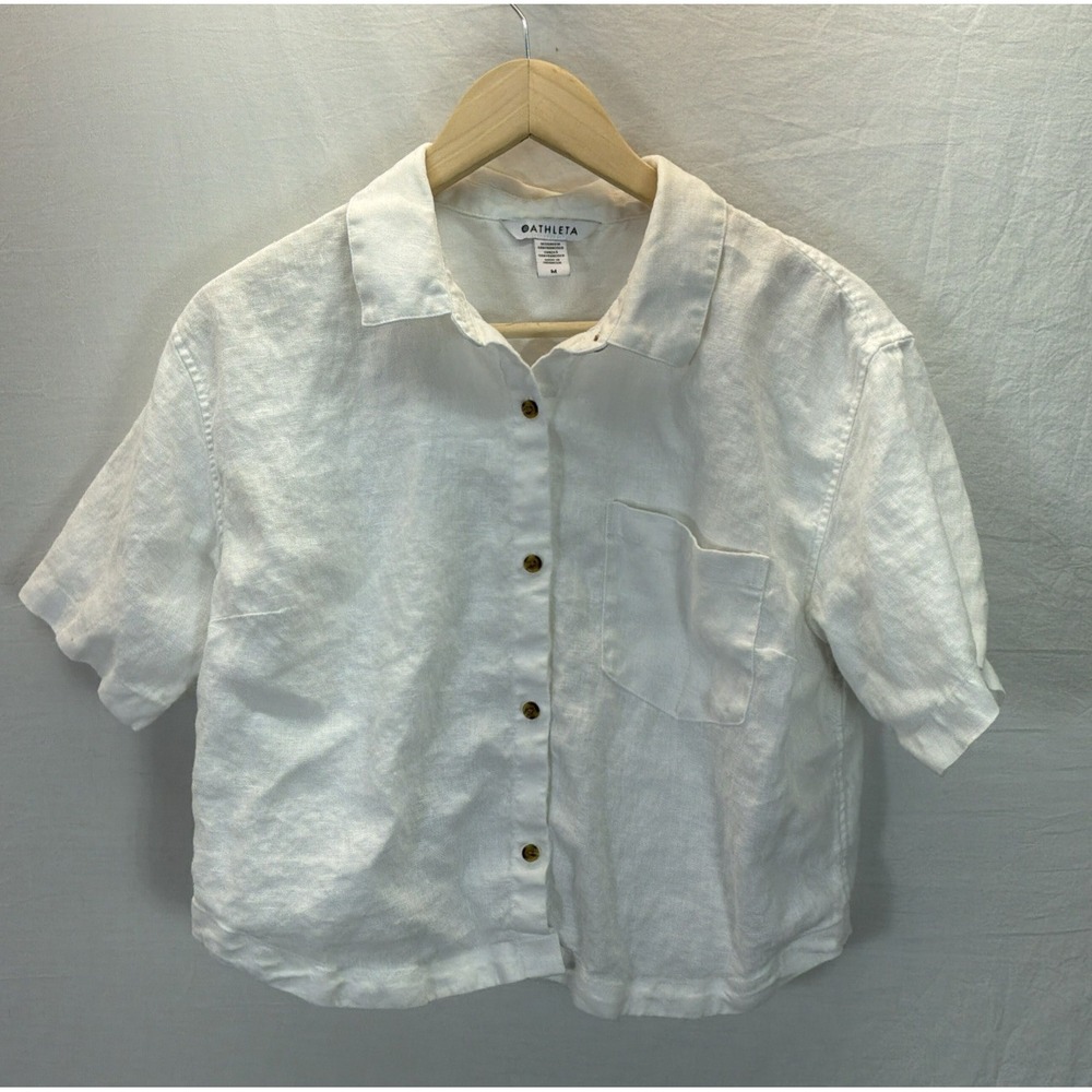 Athleta Retreat Linen Shirt Women Sz M White Short Sleeve Button Cropped Travel